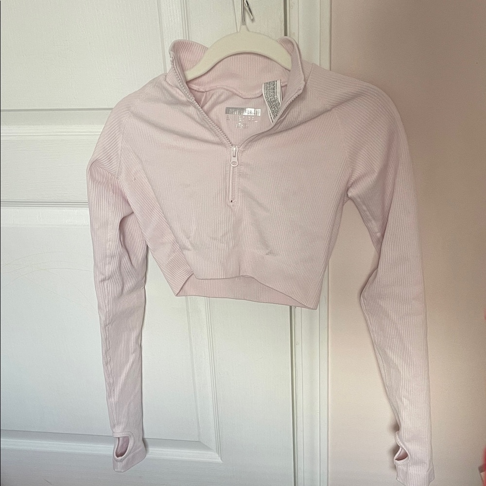 Forever 21 Light Pink Ribbed Quarter-Zip Crop Top